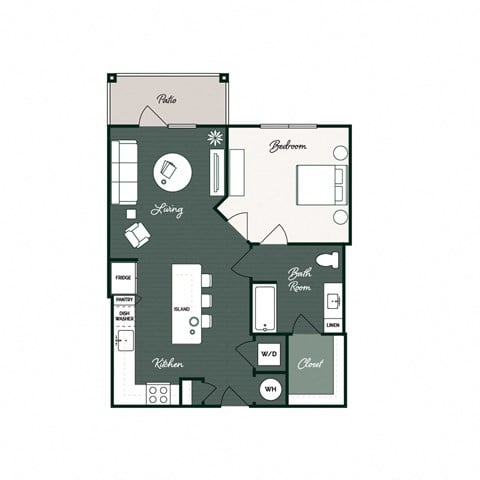 Floor plan for 1 bed, 1 bath, 744 sqft